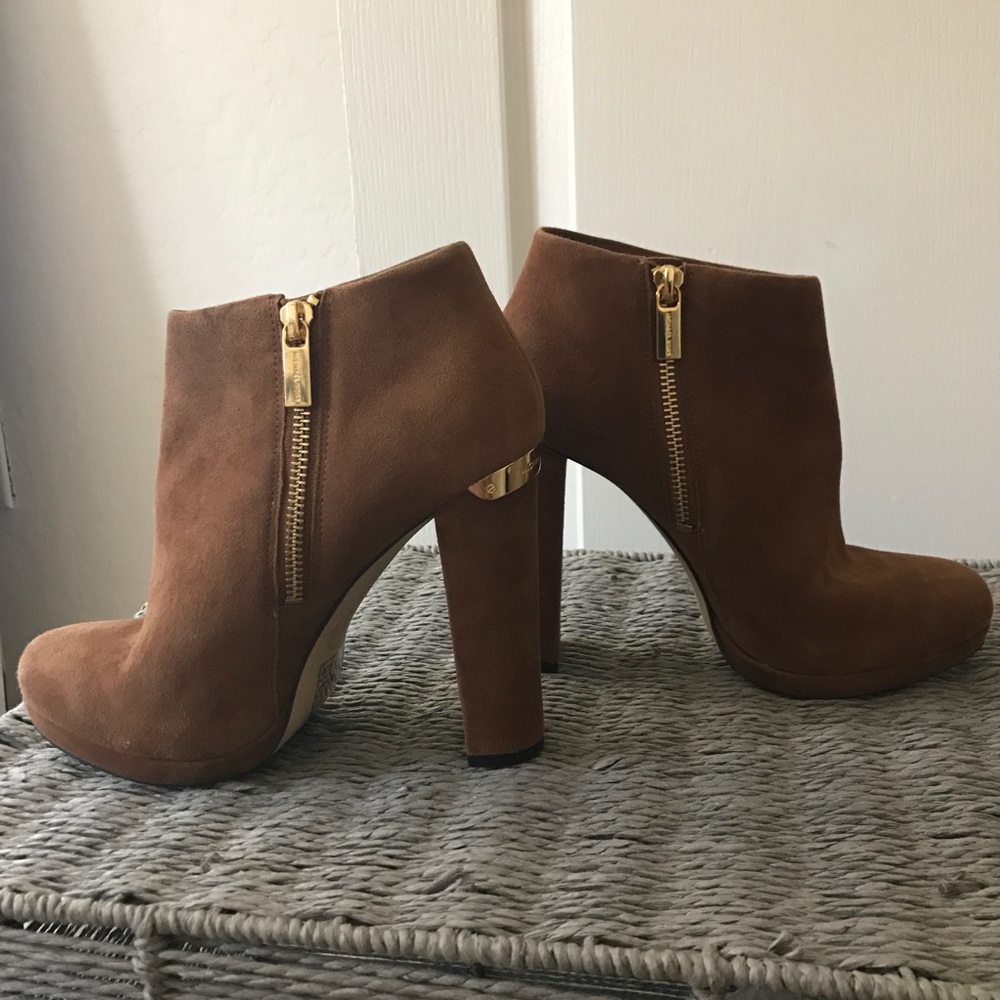 MICHAEL Michael Kors Chestnut Suede Block Heel Ankle Booties with Gold Zippers